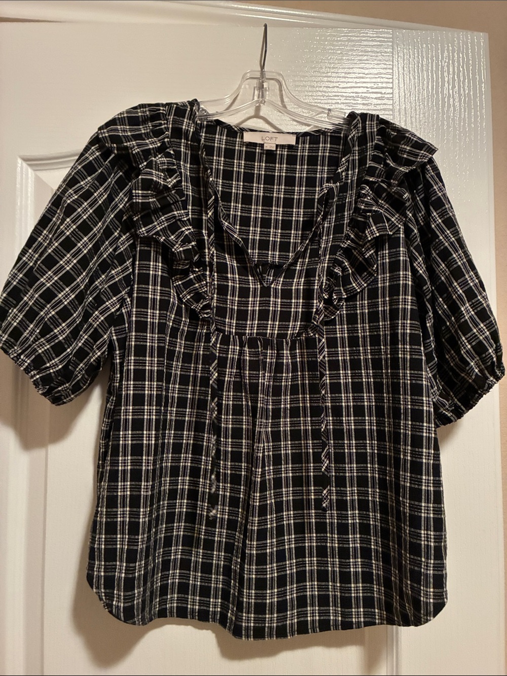 LOFT Black & White Plaid Ruffle Tie-Neck Blouse
